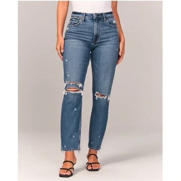 Abercrombie & Fitch The Mom High Rise Distressed Jeans Blue 25 Petite - Picture 1 of 10